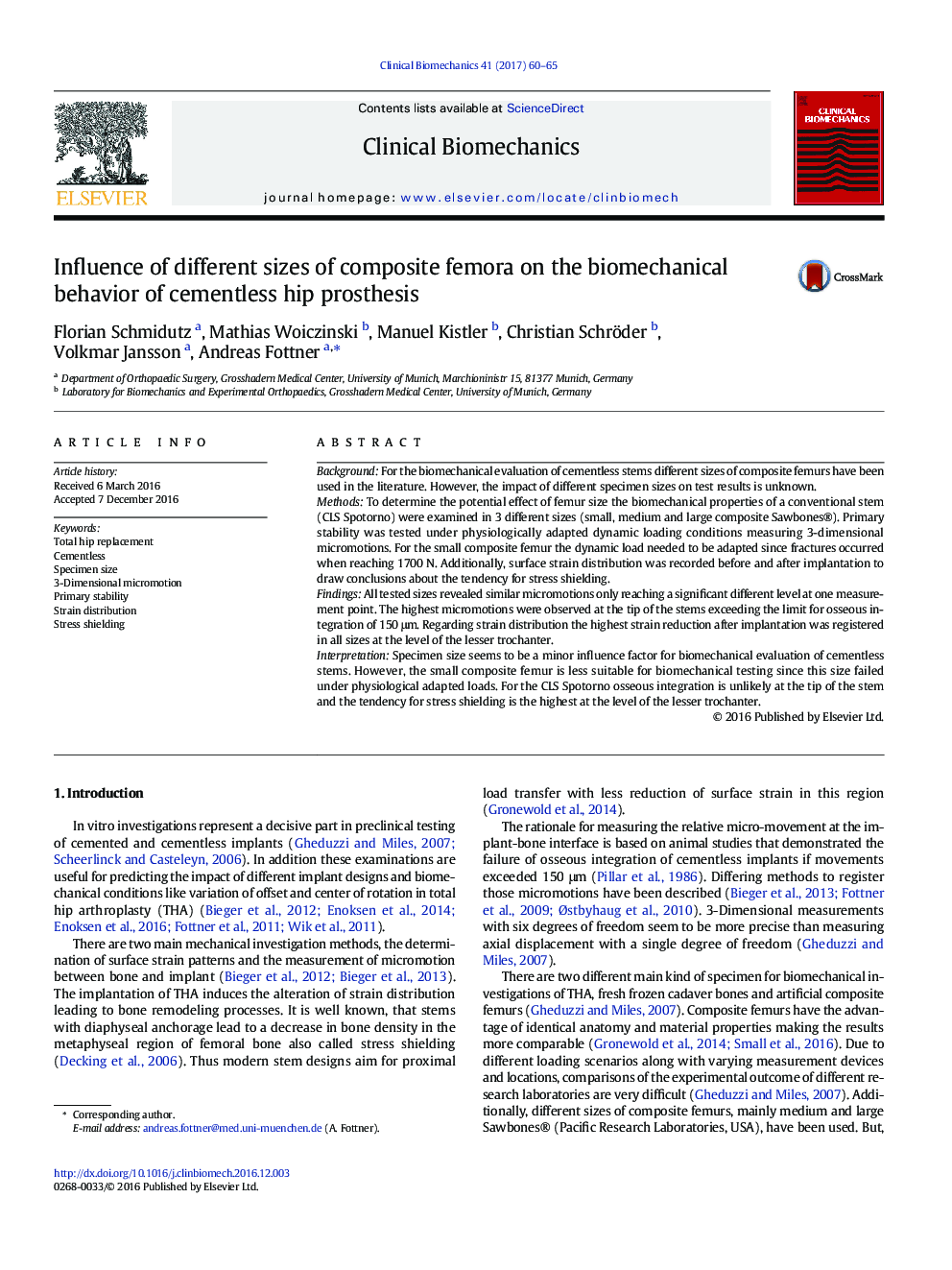 Influence of different sizes of composite femora on the biomechanical behavior of cementless hip prosthesis