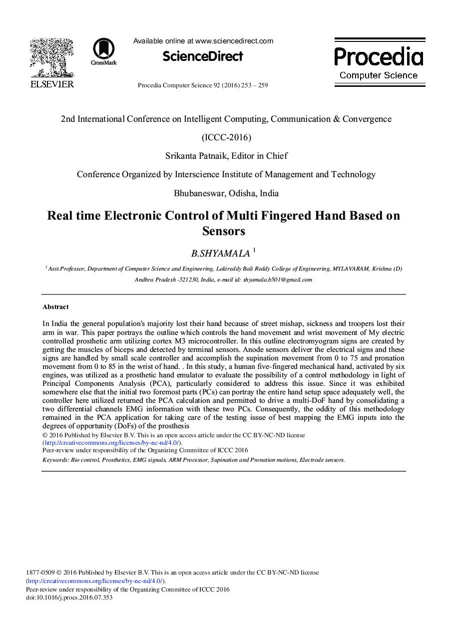 Real time Electronic Control of Multi Fingered Hand Based on Sensors 