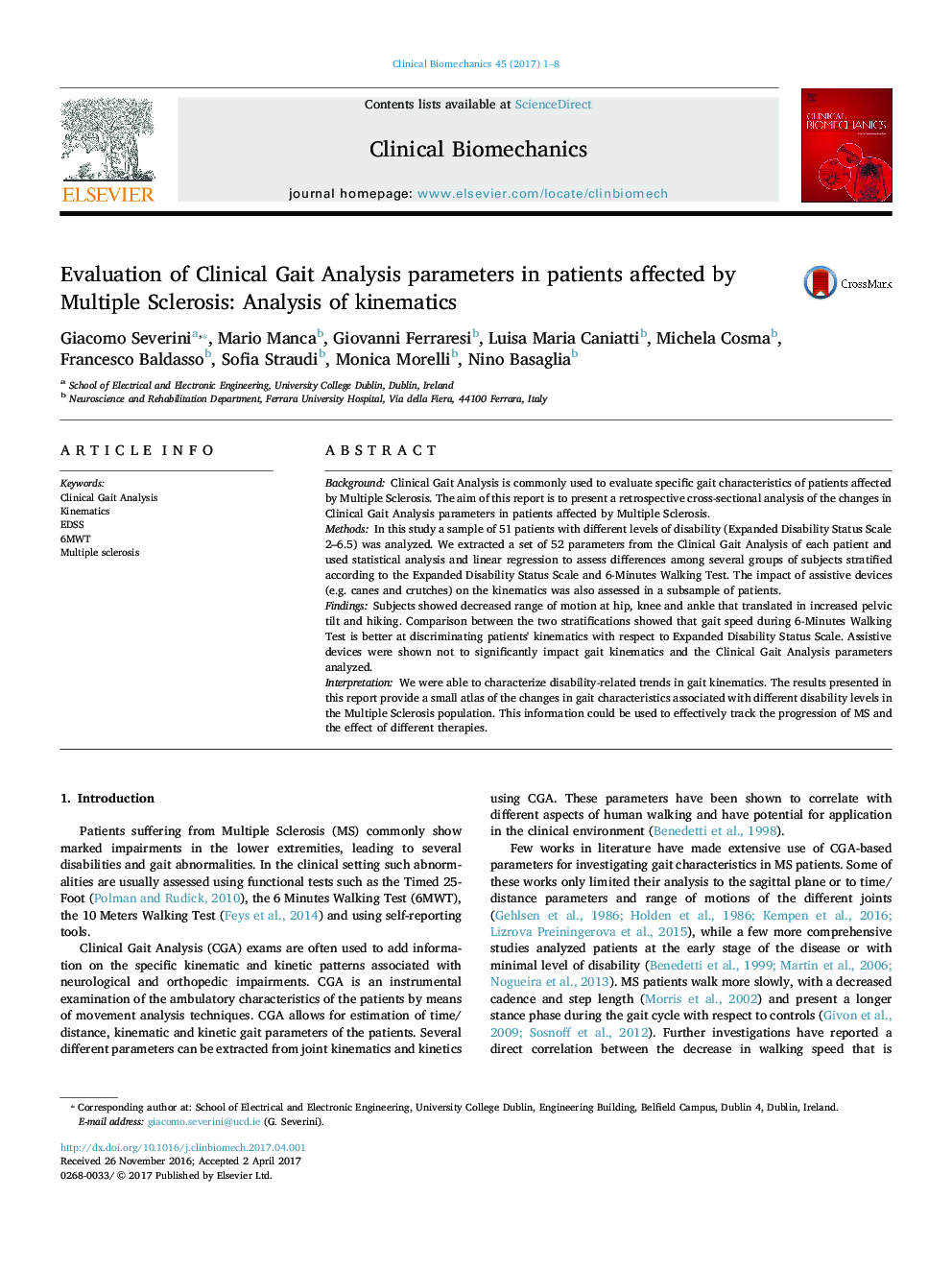 Evaluation of Clinical Gait Analysis parameters in patients affected by Multiple Sclerosis: Analysis of kinematics