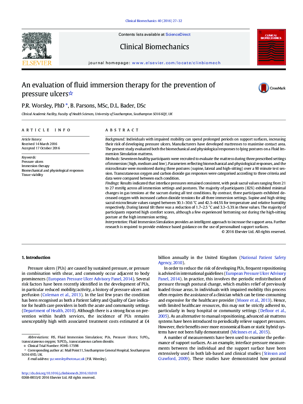 An evaluation of fluid immersion therapy for the prevention of pressure ulcers