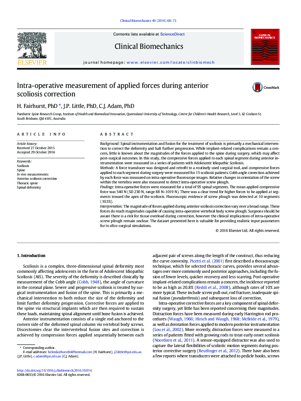 Intra-operative measurement of applied forces during anterior scoliosis correction