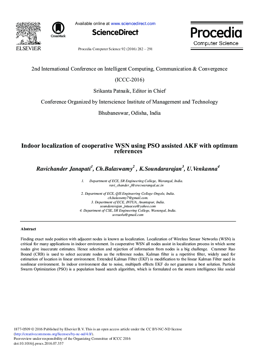 Indoor Localization of Cooperative WSN Using PSO Assisted AKF with Optimum References 