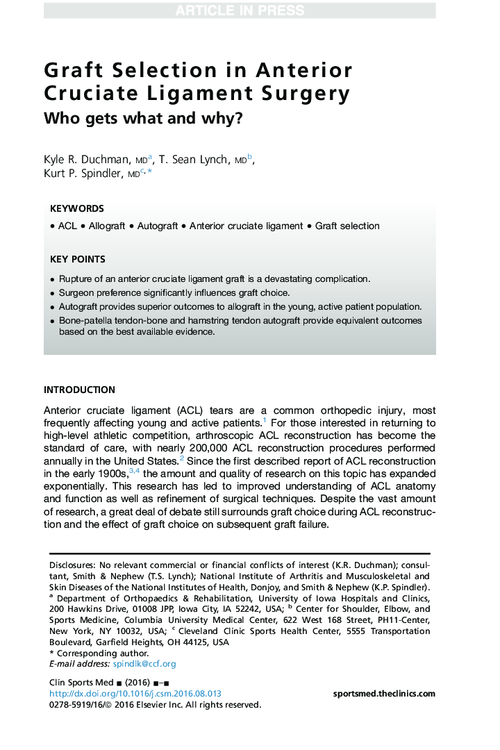 Graft Selection in Anterior Cruciate Ligament Surgery