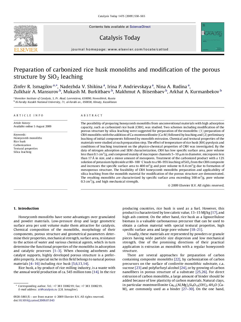 Preparation of carbonized rice husk monoliths and modification of the porous structure by SiO2 leaching