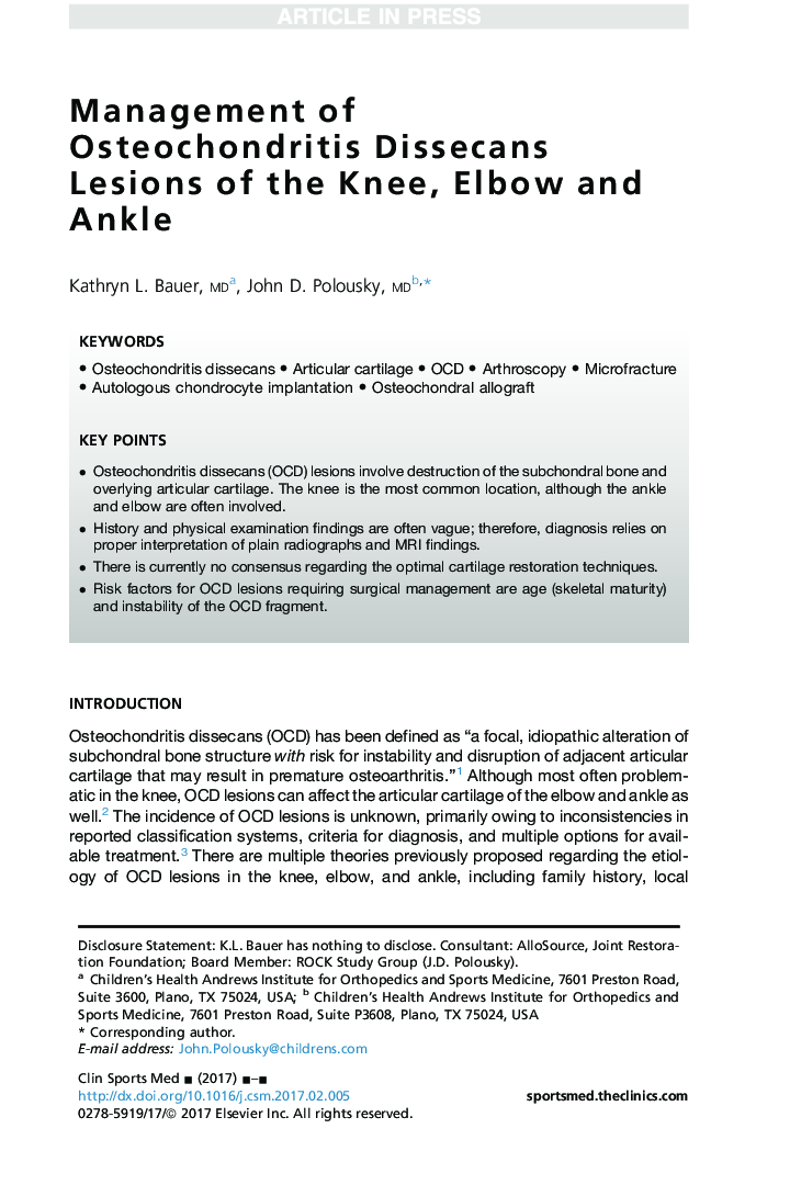 Management of Osteochondritis Dissecans Lesions of the Knee, Elbow and Ankle