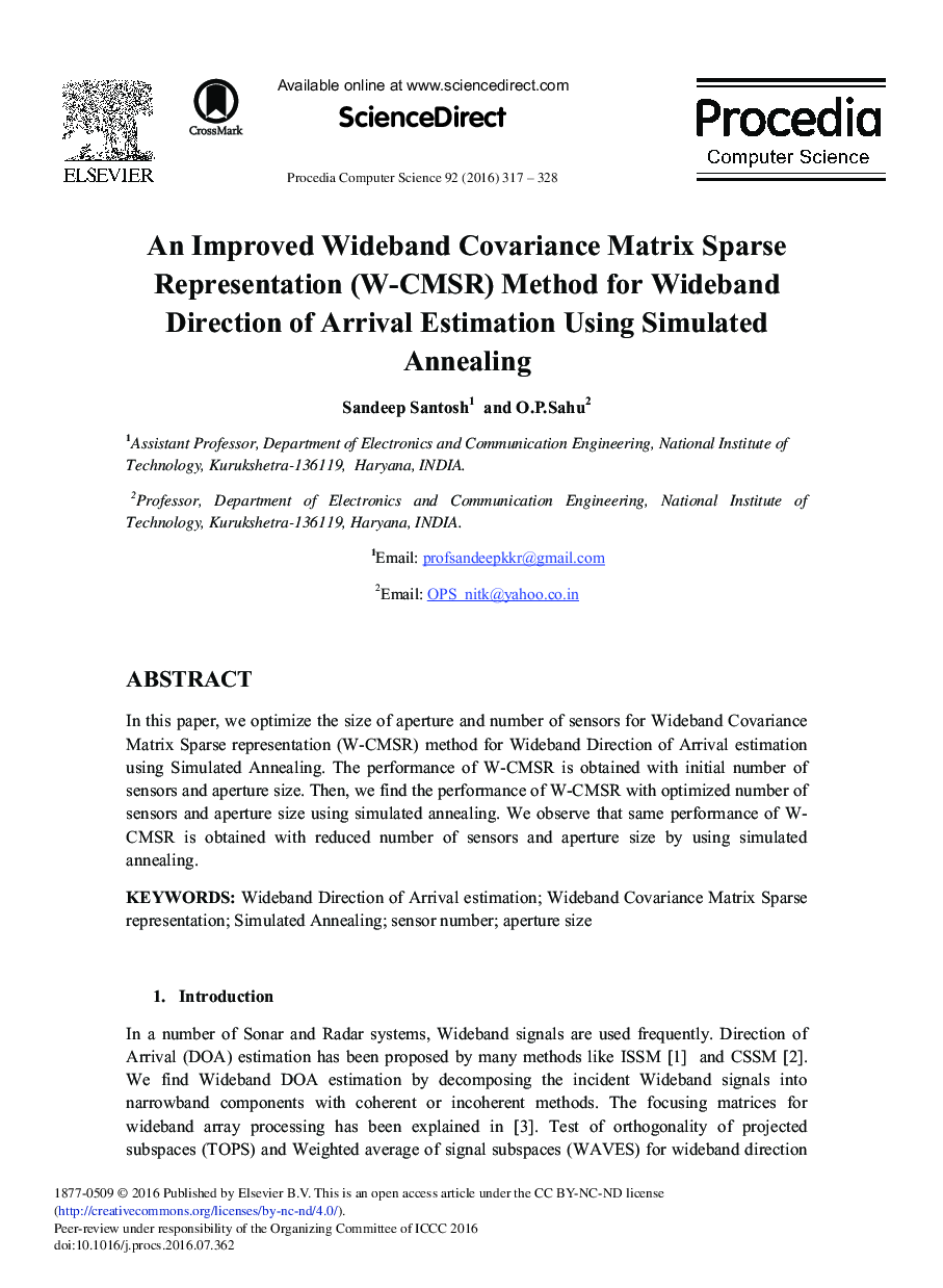 An Improved Wideband Covariance Matrix Sparse Representation (W-CMSR) Method for Wideband Direction of Arrival Estimation Using Simulated Annealing 