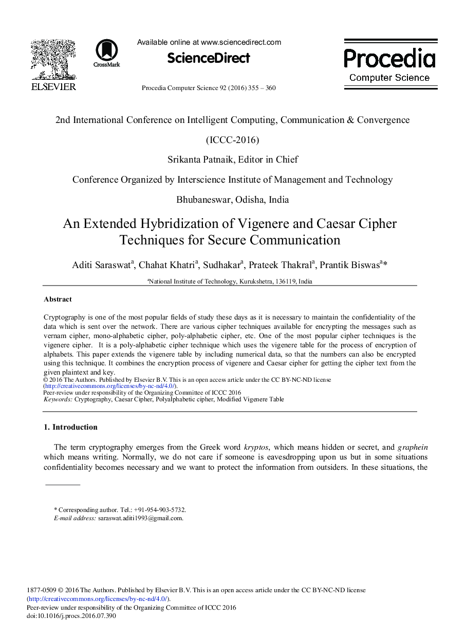 An Extended Hybridization of Vigenere and Caesar Cipher Techniques for Secure Communication 