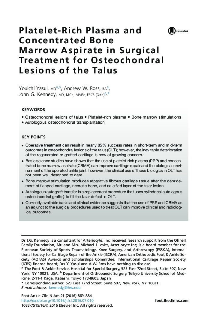 Platelet-Rich Plasma and Concentrated Bone Marrow Aspirate in Surgical Treatment for Osteochondral Lesions of the Talus