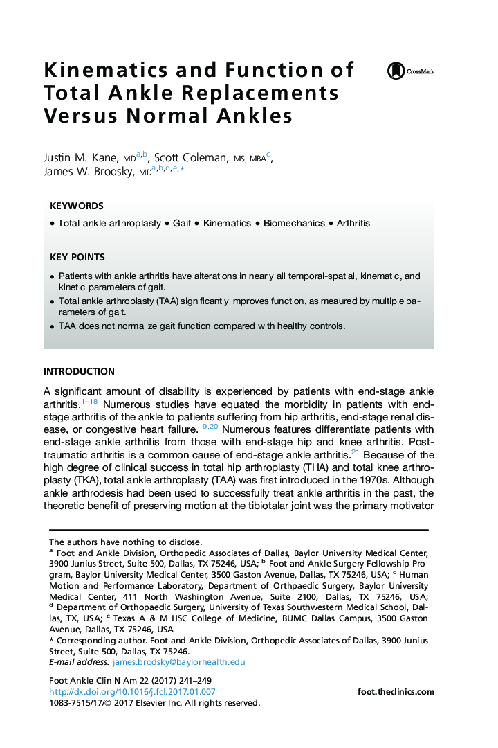 Kinematics and Function of Total Ankle Replacements Versus Normal Ankles