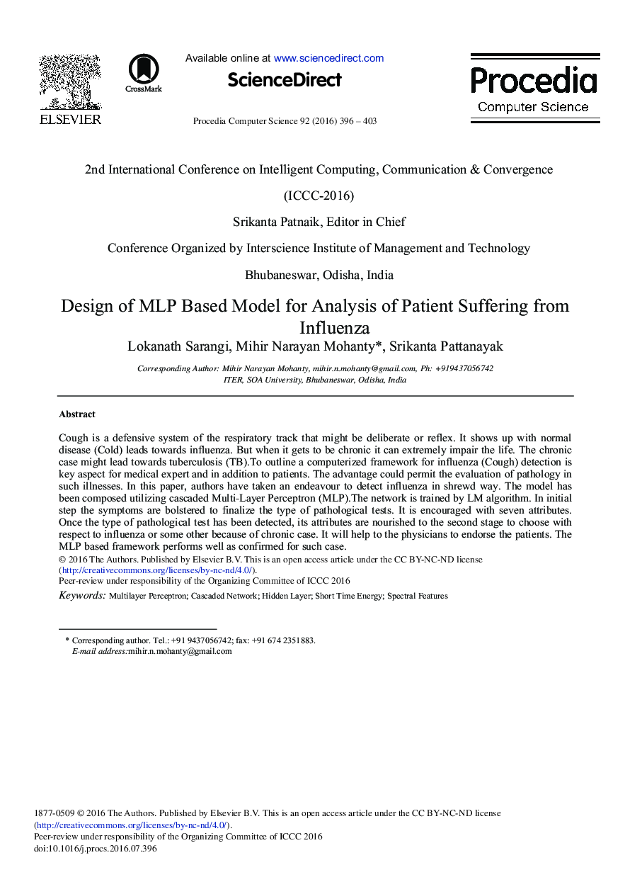 Design of MLP Based Model for Analysis of Patient Suffering from Influenza 