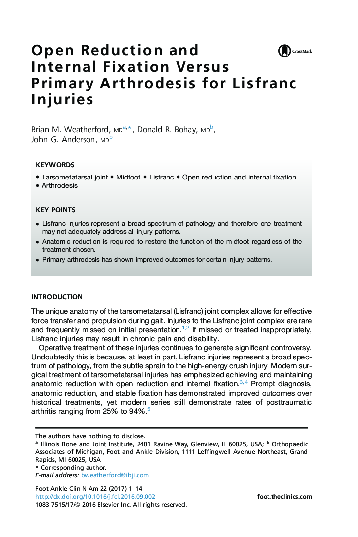 Open Reduction and Internal Fixation Versus Primary Arthrodesis for Lisfranc Injuries