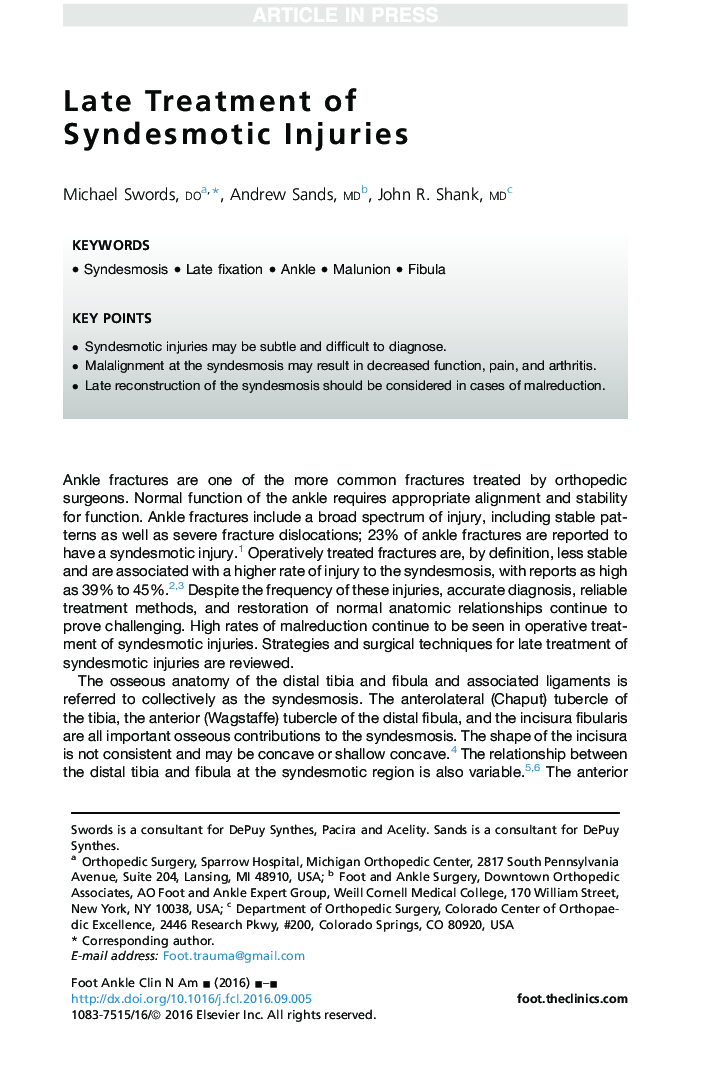 Late Treatment of Syndesmotic Injuries