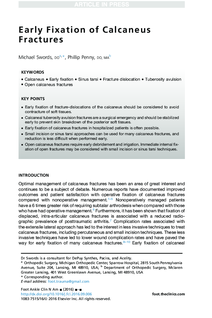 Early Fixation of Calcaneus Fractures