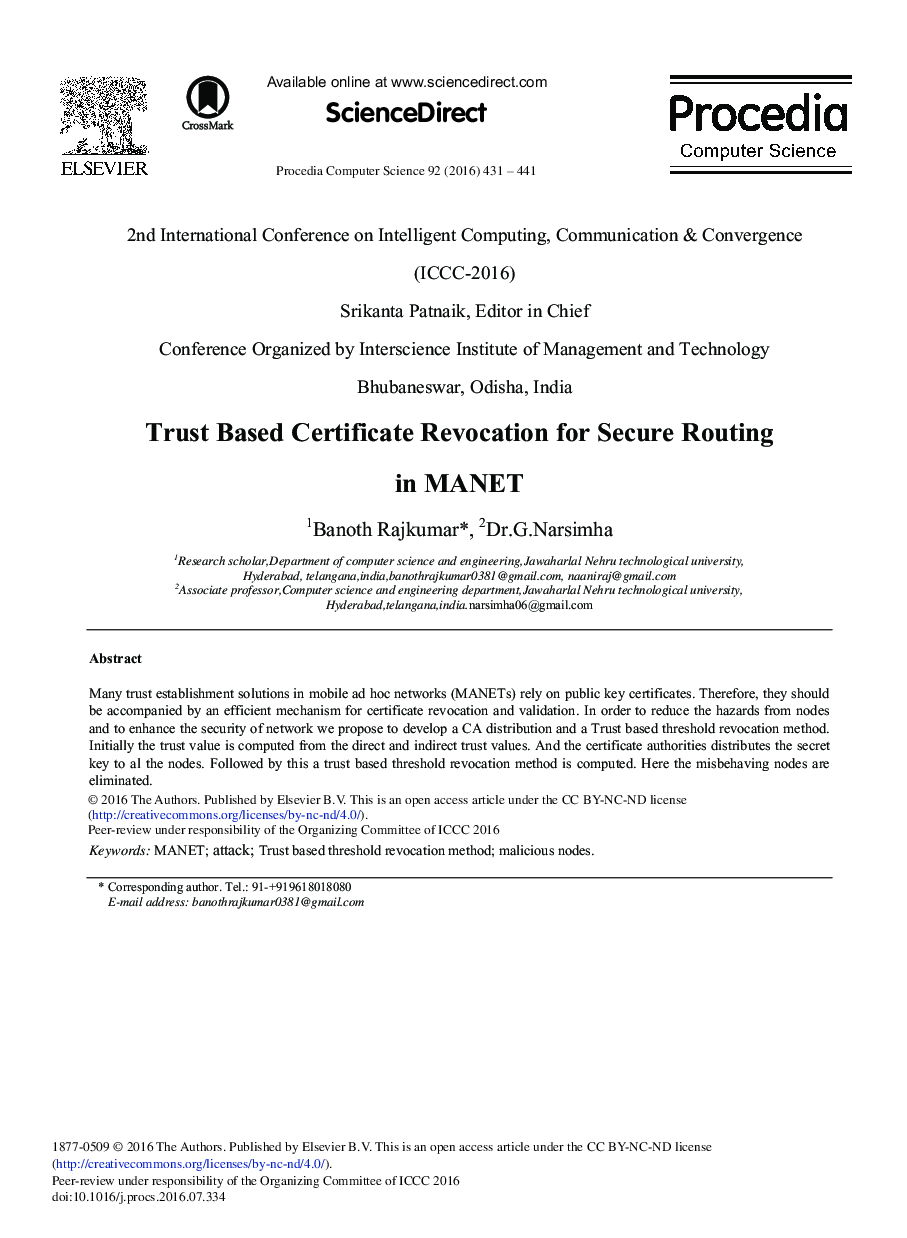 Trust Based Certificate Revocation for Secure Routing in MANET 