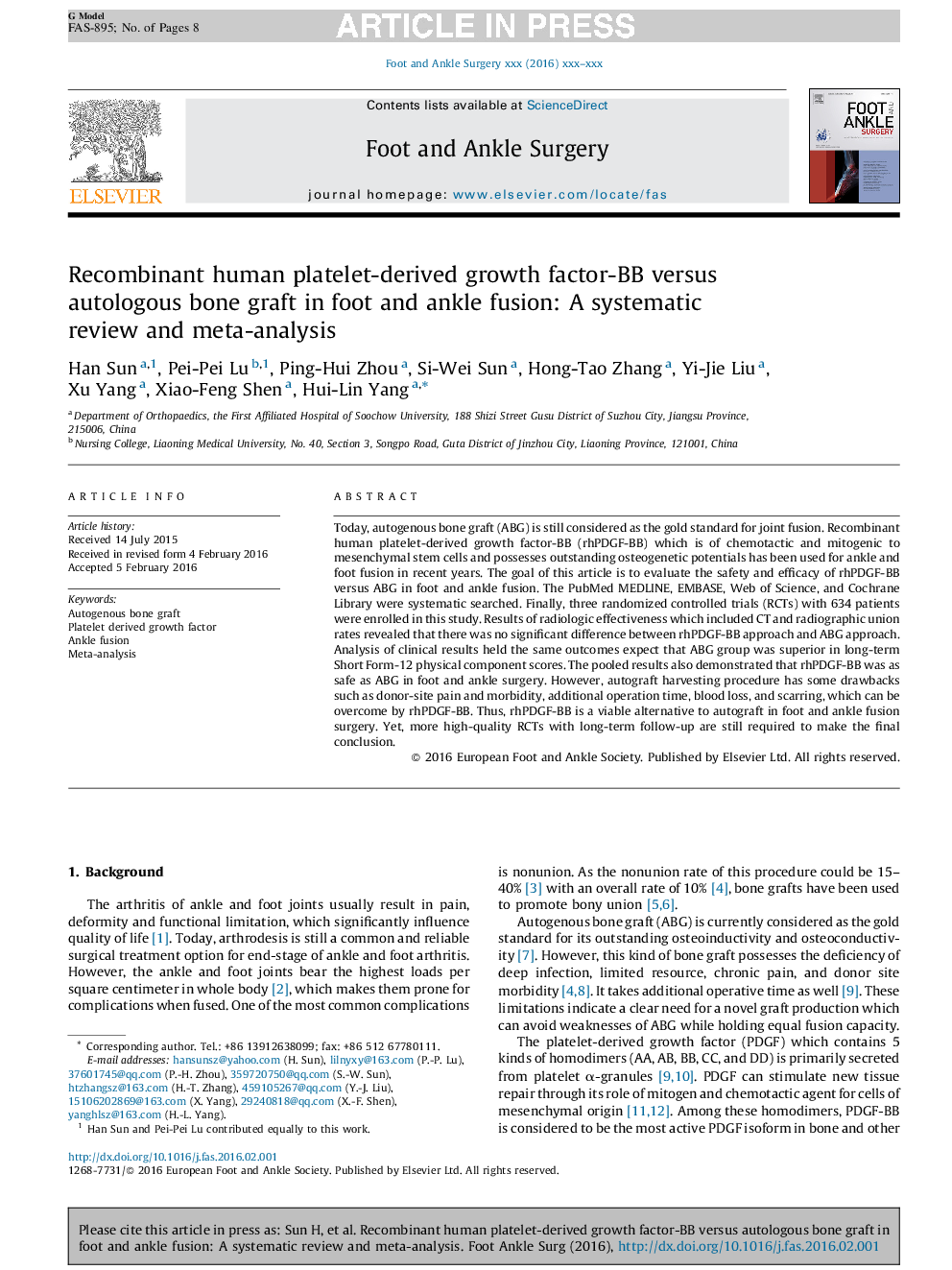 Recombinant human platelet-derived growth factor-BB versus autologous bone graft in foot and ankle fusion: A systematic review and meta-analysis