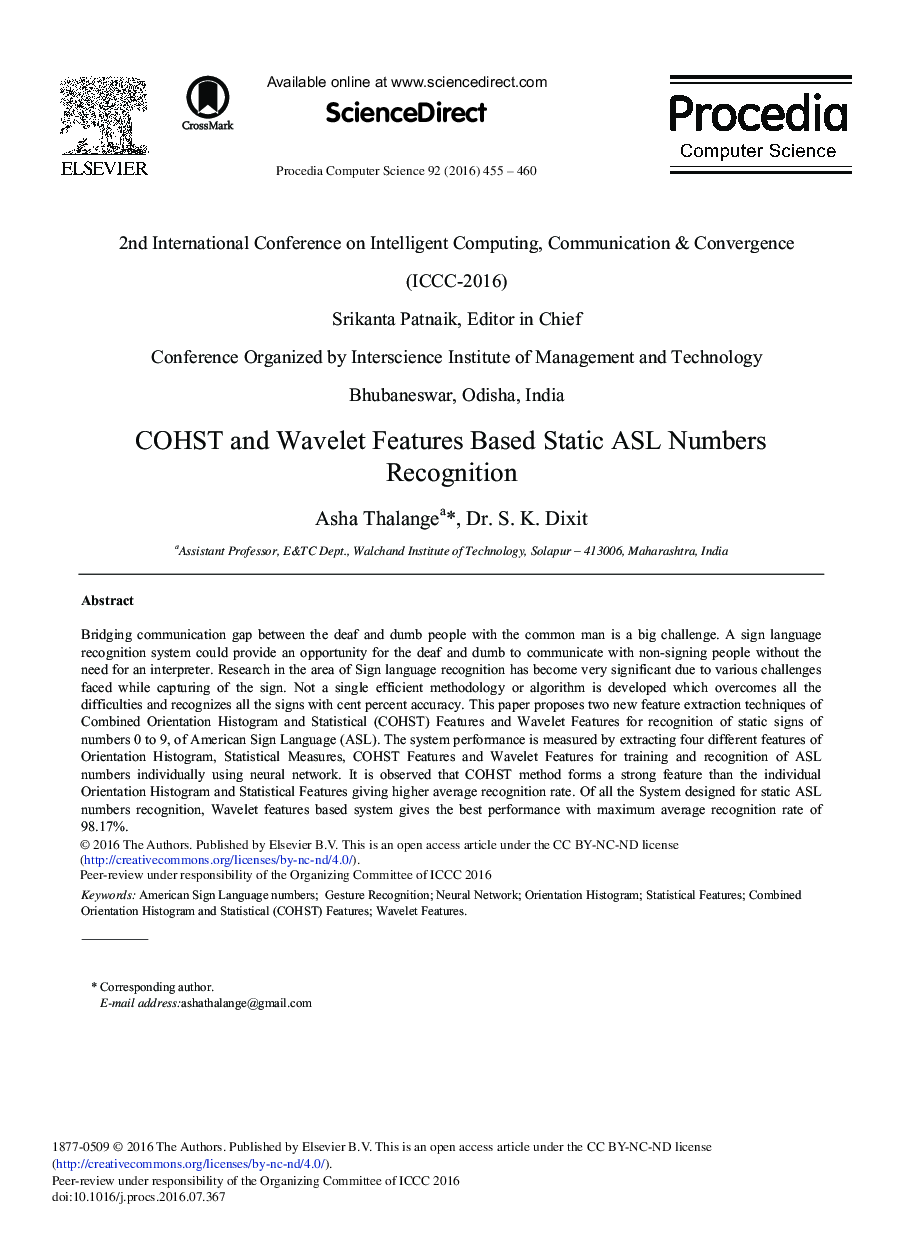 COHST and Wavelet Features Based Static ASL Numbers Recognition 