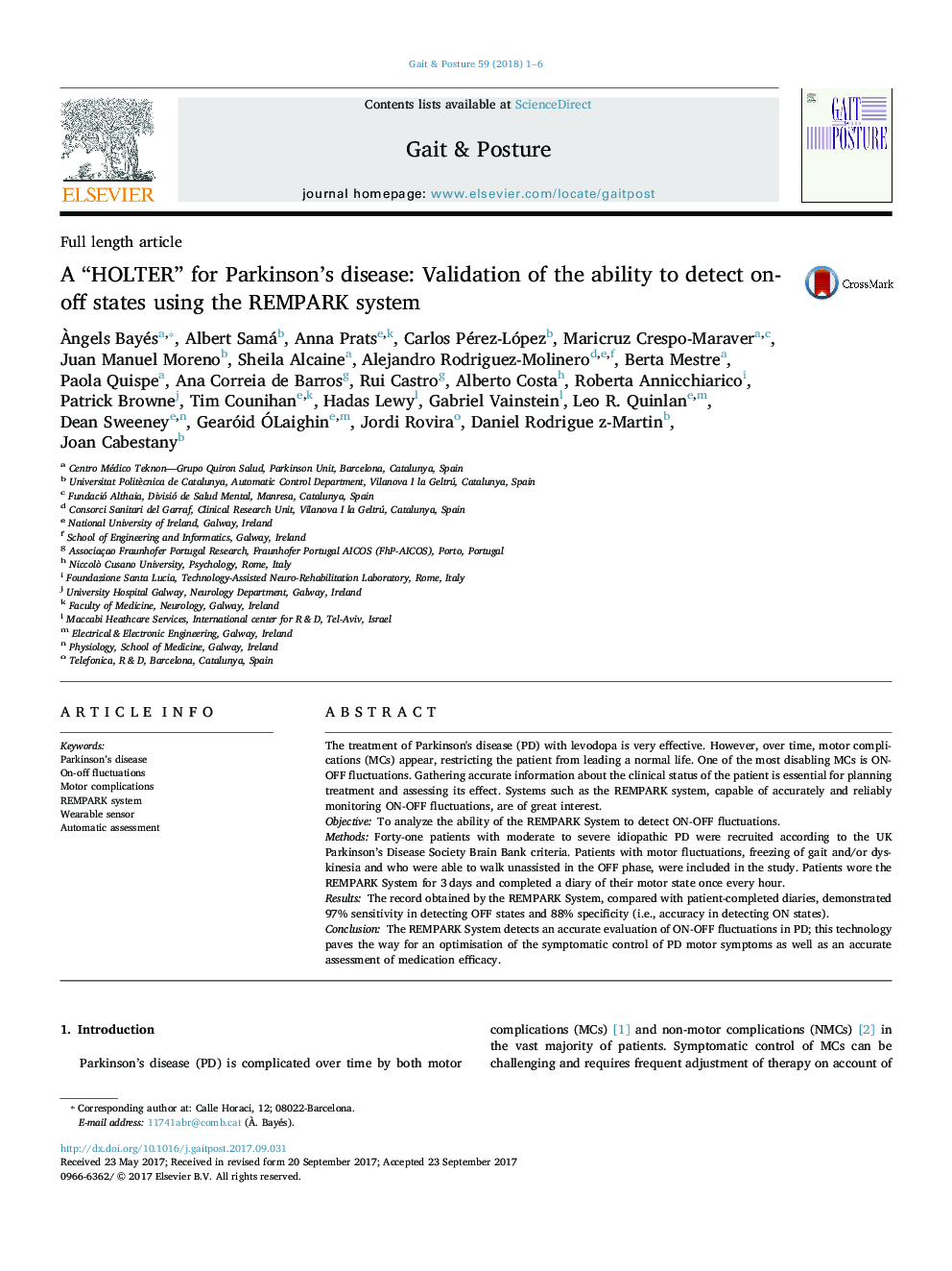 A “HOLTER” for Parkinson's disease: Validation of the ability to detect on-off states using the REMPARK system