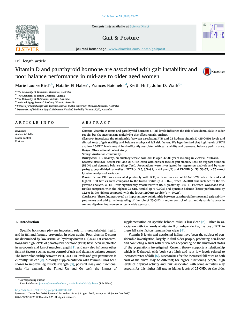 Vitamin D and parathyroid hormone are associated with gait instability and poor balance performance in mid-age to older aged women