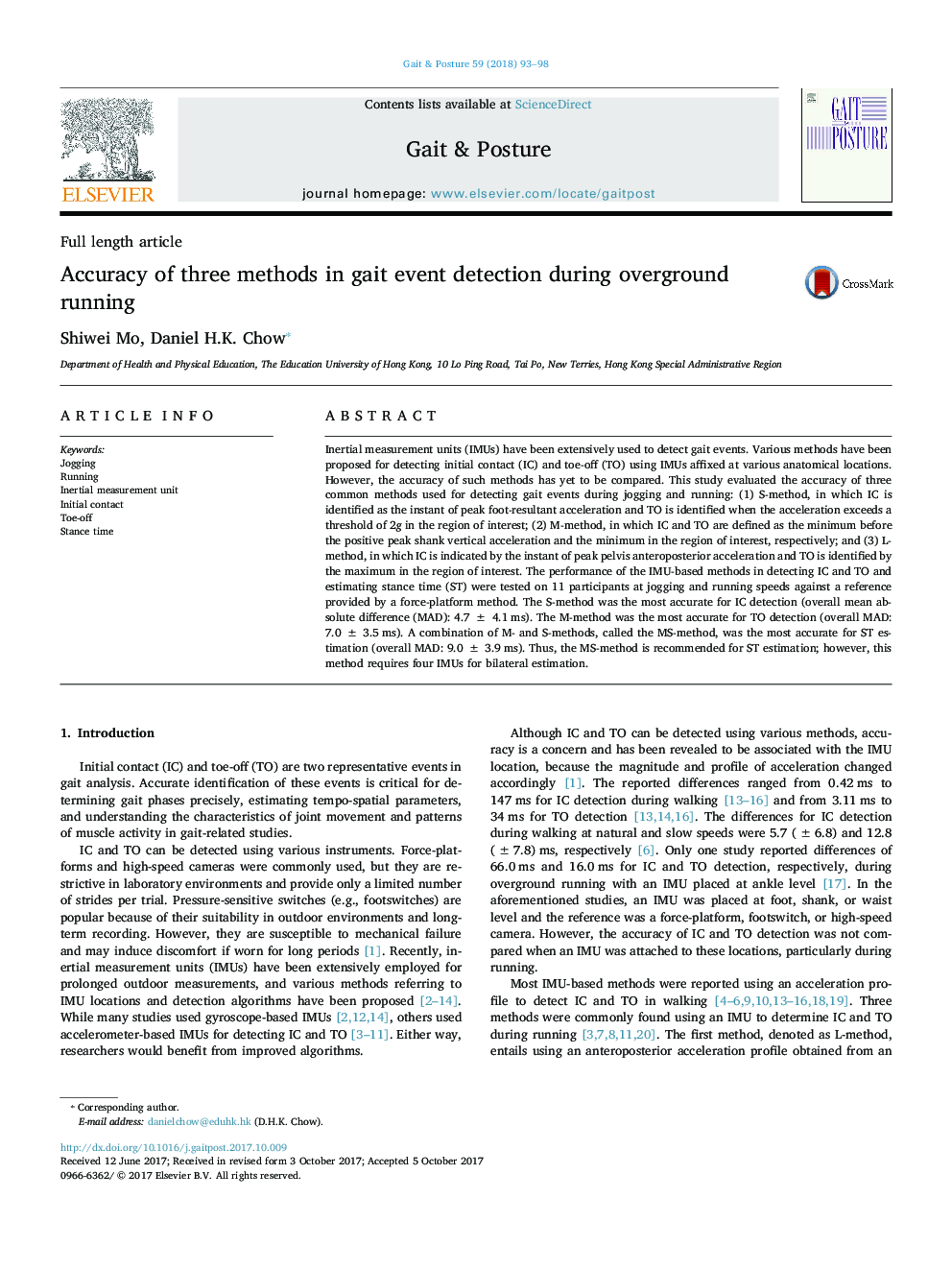 Accuracy of three methods in gait event detection during overground running