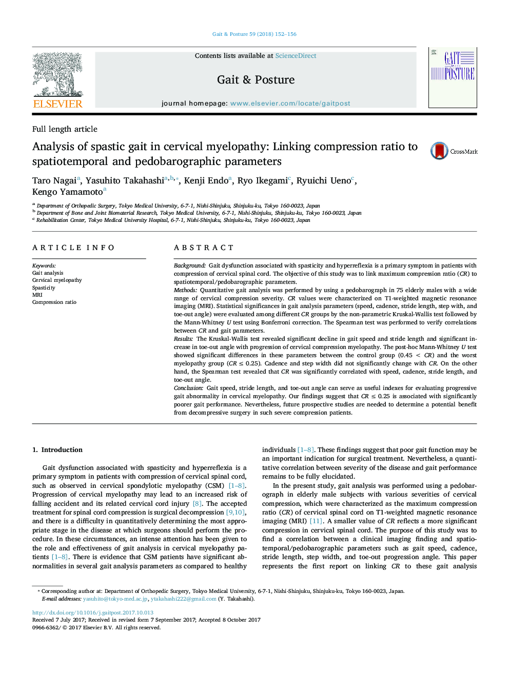 Analysis of spastic gait in cervical myelopathy: Linking compression ratio to spatiotemporal and pedobarographic parameters