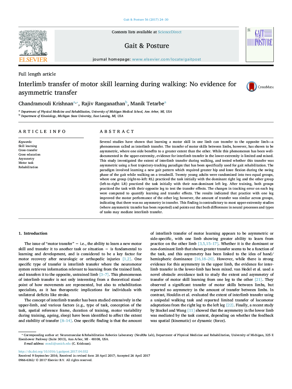 Interlimb transfer of motor skill learning during walking: No evidence for asymmetric transfer