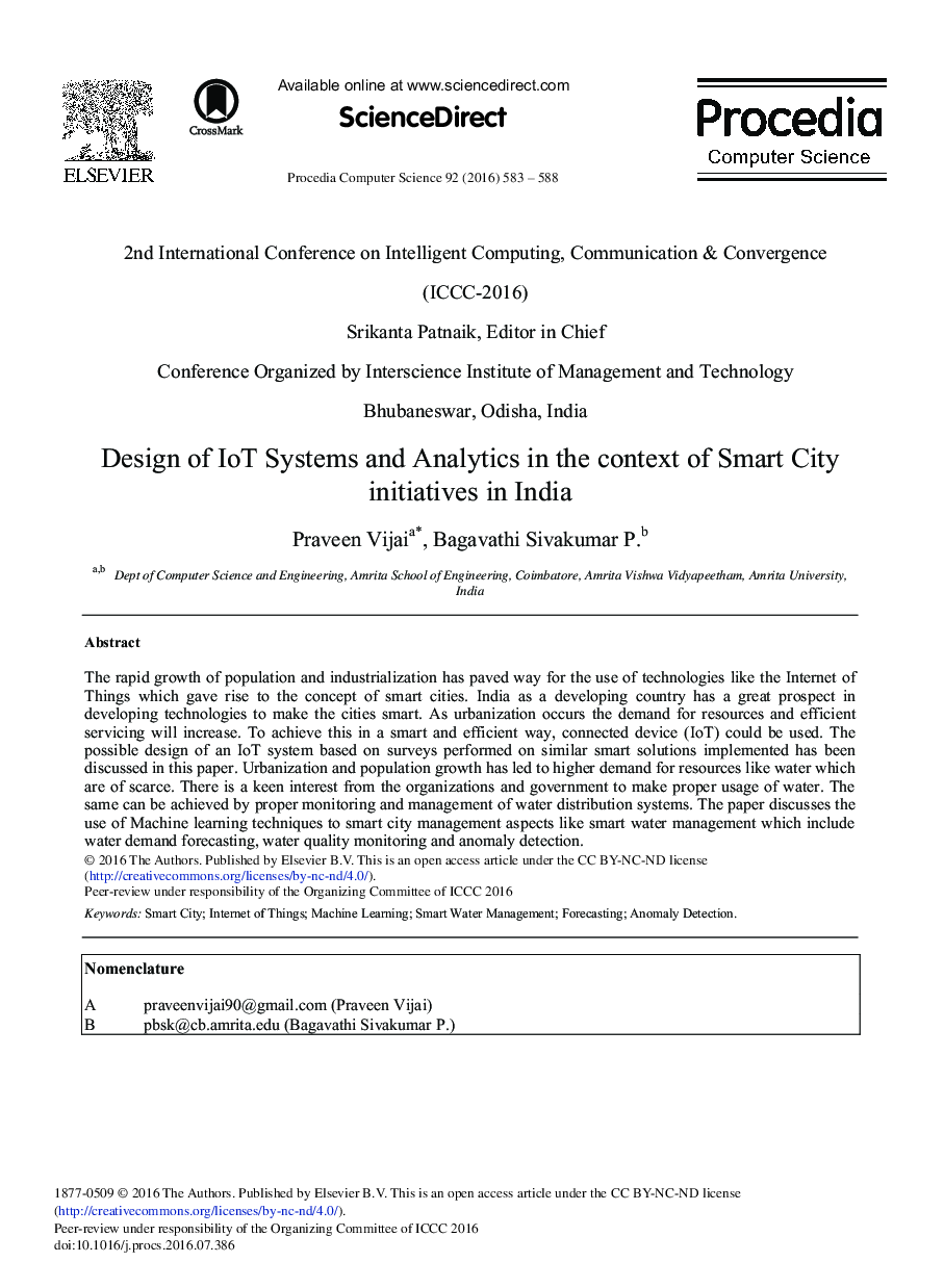 Design of IoT Systems and Analytics in the Context of Smart City Initiatives in India 