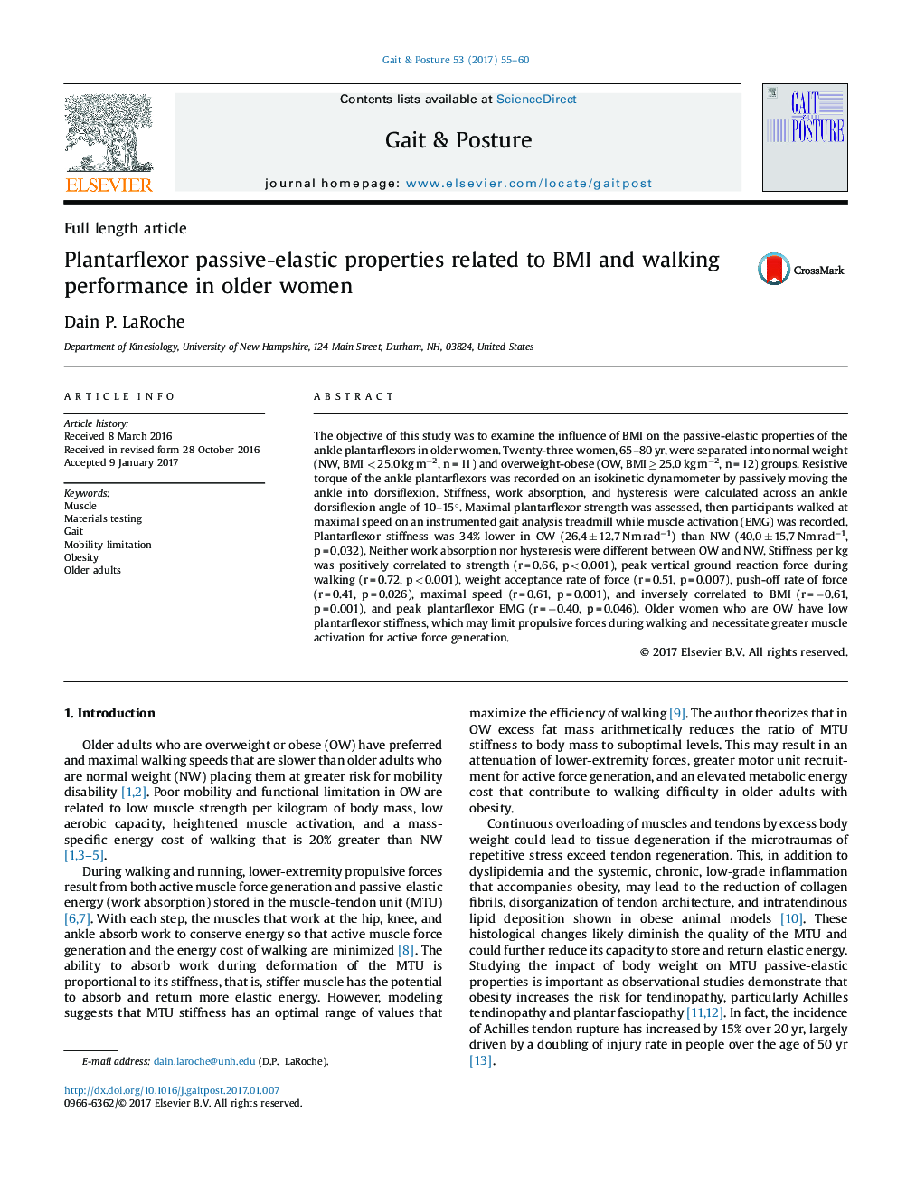 Plantarflexor passive-elastic properties related to BMI and walking performance in older women