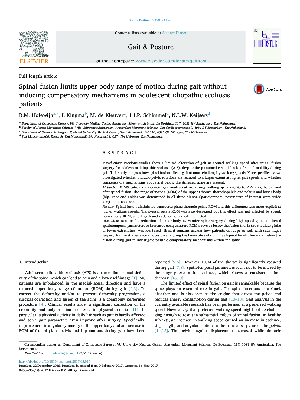 Spinal fusion limits upper body range of motion during gait without inducing compensatory mechanisms in adolescent idiopathic scoliosis patients