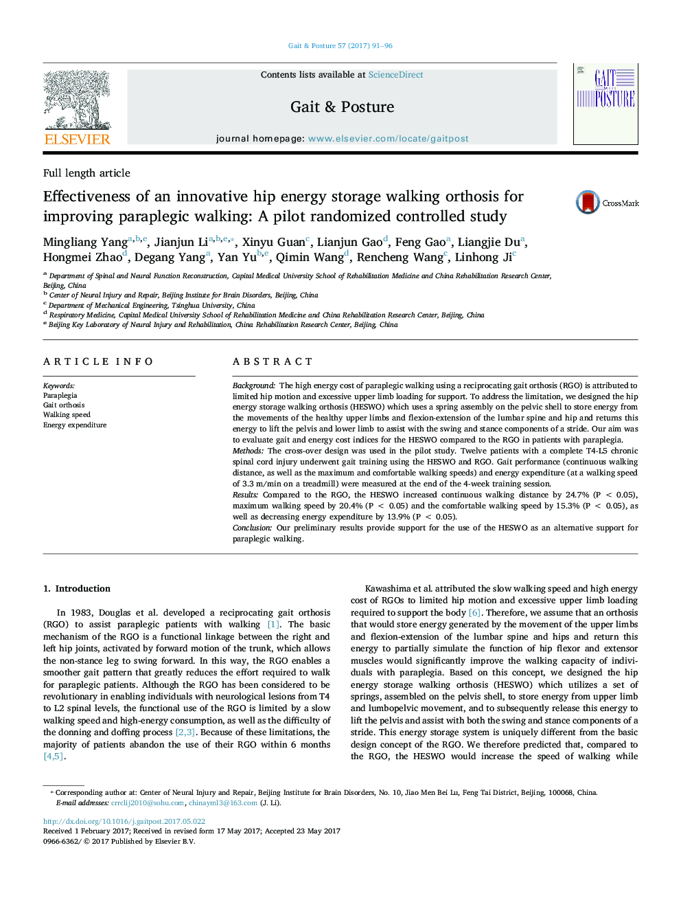 Effectiveness of an innovative hip energy storage walking orthosis for improving paraplegic walking: A pilot randomized controlled study