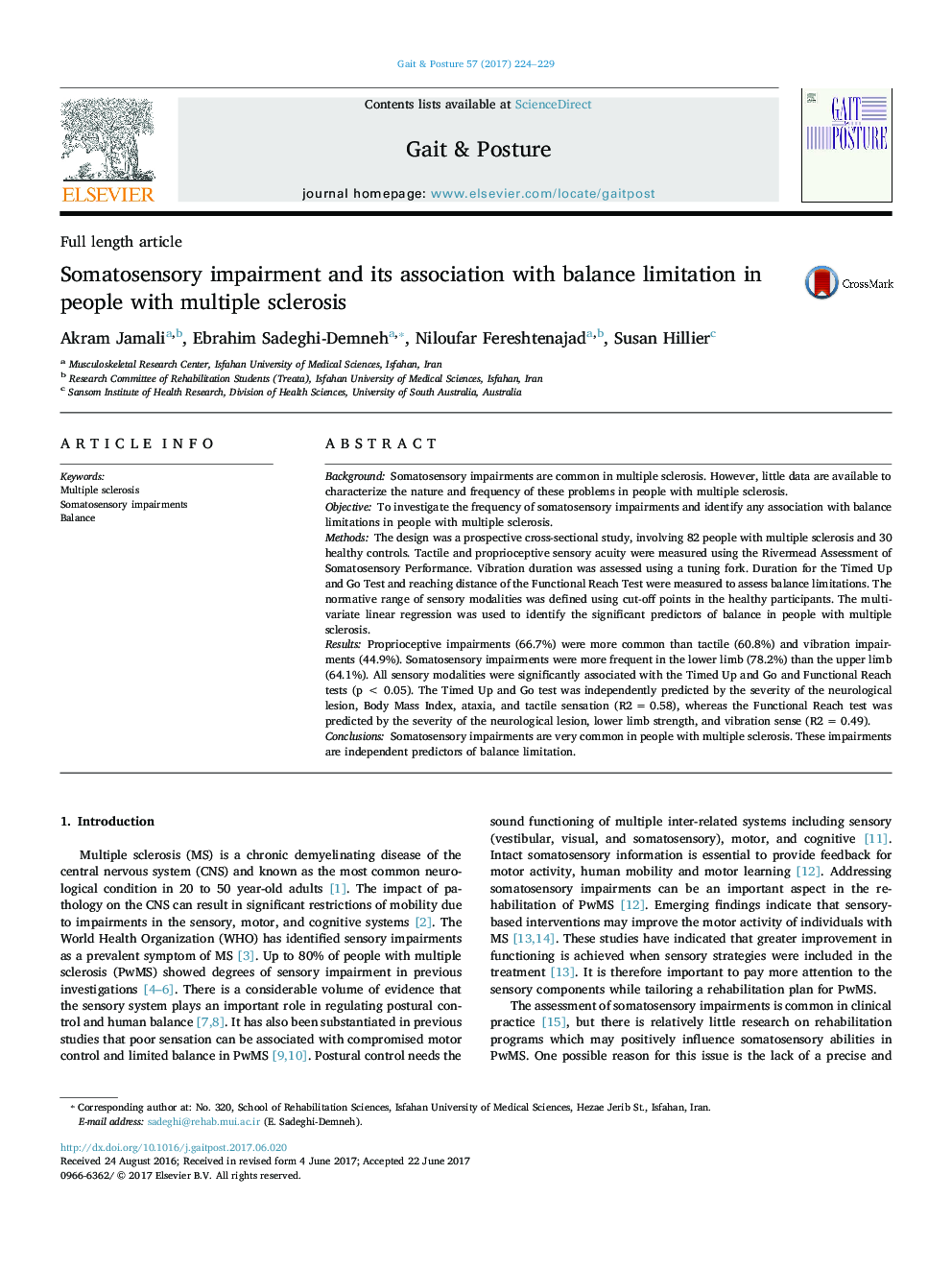 Somatosensory impairment and its association with balance limitation in people with multiple sclerosis