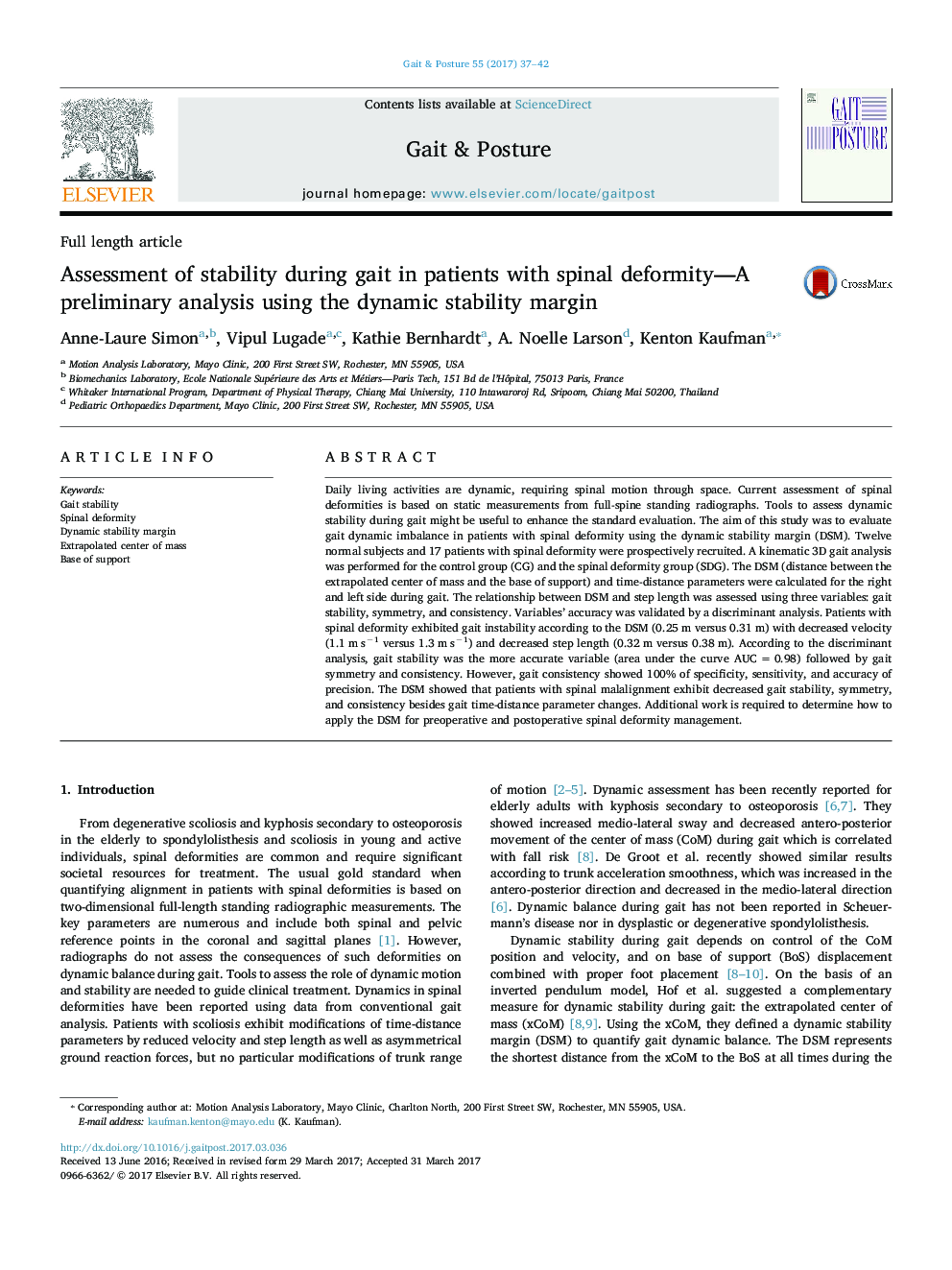 Assessment of stability during gait in patients with spinal deformity-A preliminary analysis using the dynamic stability margin