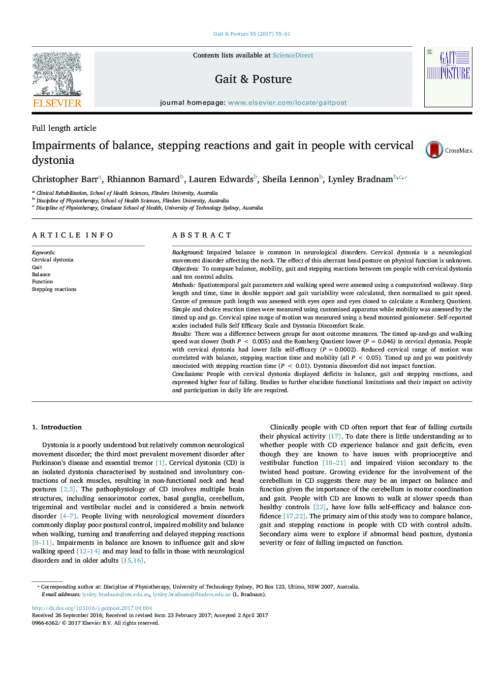 Impairments of balance, stepping reactions and gait in people with cervical dystonia