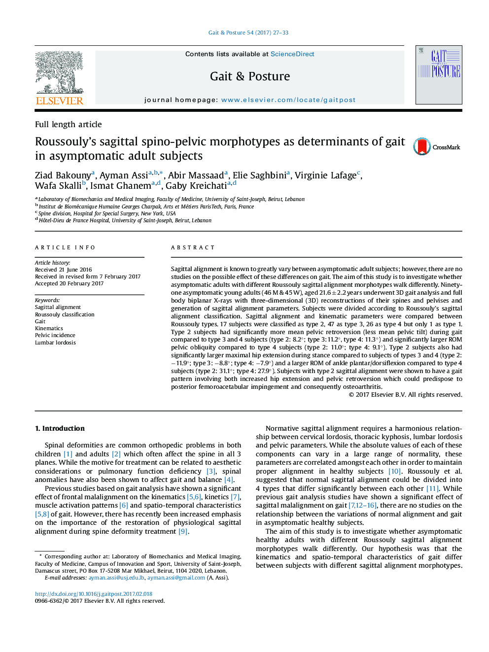 Roussouly's sagittal spino-pelvic morphotypes as determinants of gait in asymptomatic adult subjects