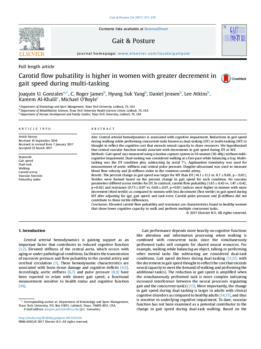 Carotid flow pulsatility is higher in women with greater decrement in gait speed during multi-tasking
