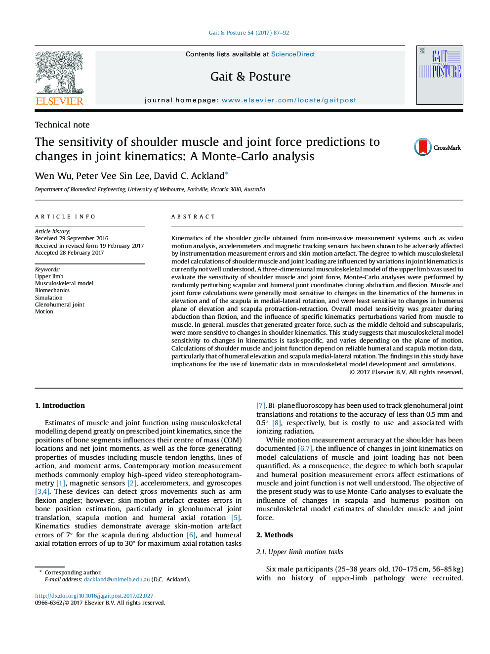 The sensitivity of shoulder muscle and joint force predictions to changes in joint kinematics: A Monte-Carlo analysis