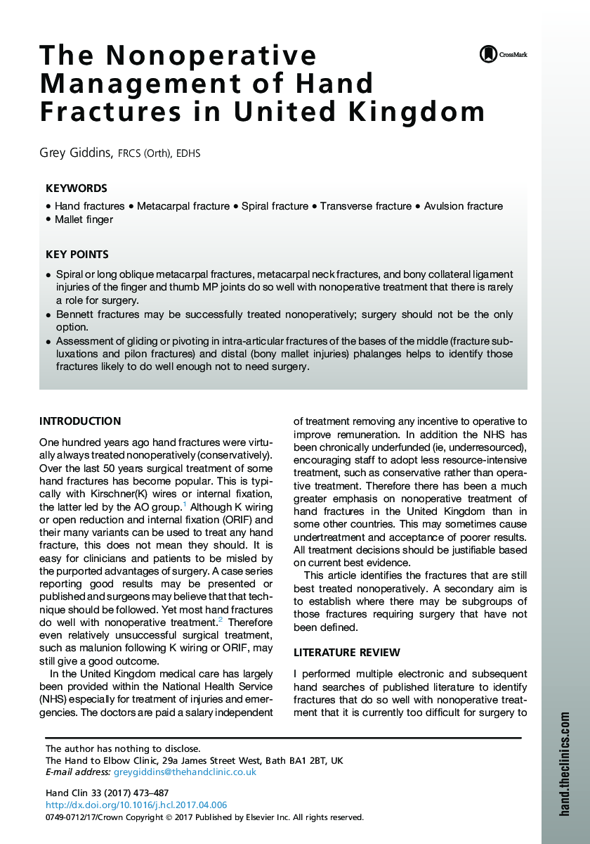 The Nonoperative Management of Hand Fractures in United Kingdom