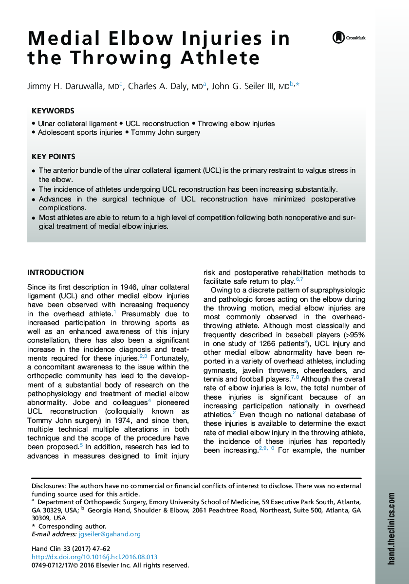 Medial Elbow Injuries in the Throwing Athlete