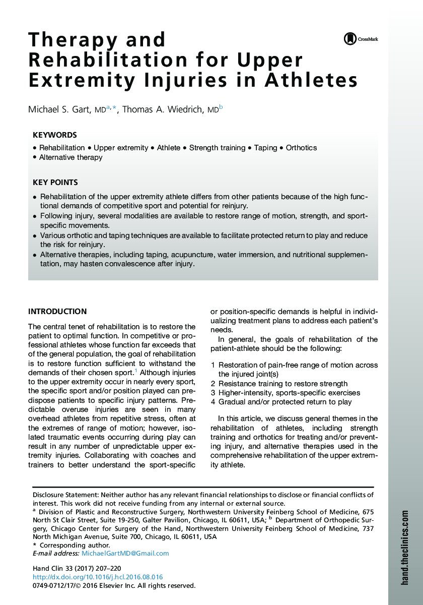 Therapy and Rehabilitation for Upper Extremity Injuries in Athletes