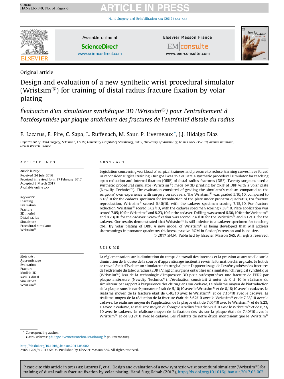 Design and evaluation of a new synthetic wrist procedural simulator (Wristsim®) for training of distal radius fracture fixation by volar plating