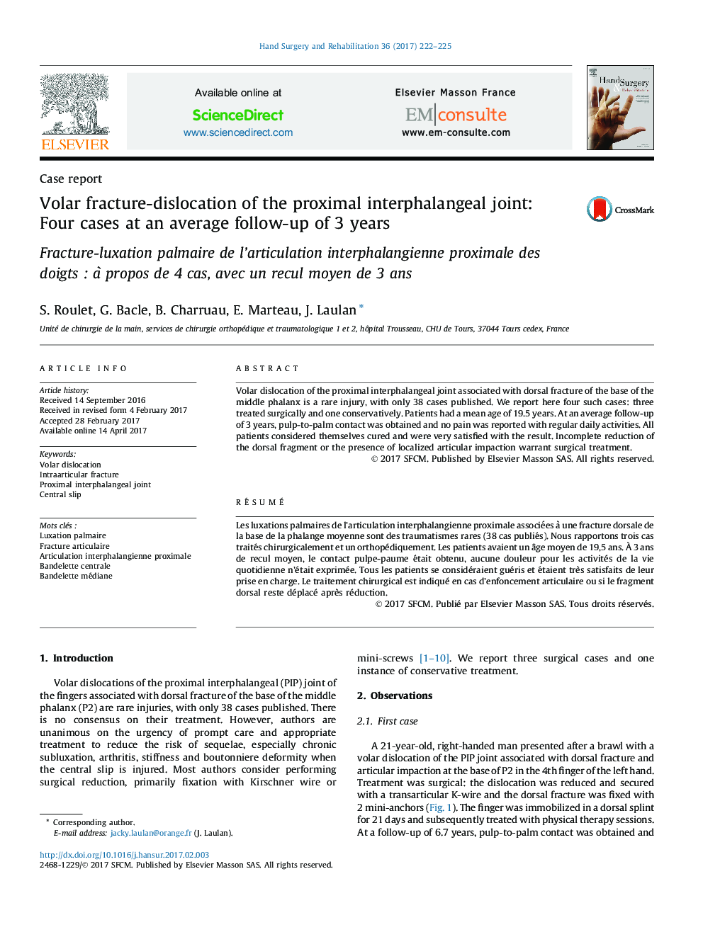 Volar fracture-dislocation of the proximal interphalangeal joint: Four cases at an average follow-up of 3Â years