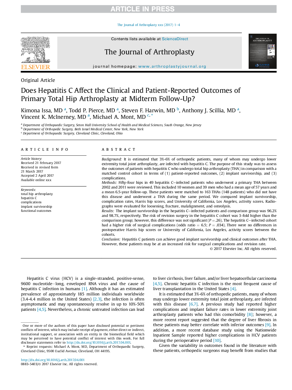 Does Hepatitis C Affect the Clinical and Patient-Reported Outcomes of Primary Total Hip Arthroplasty at Midterm Follow-Up?