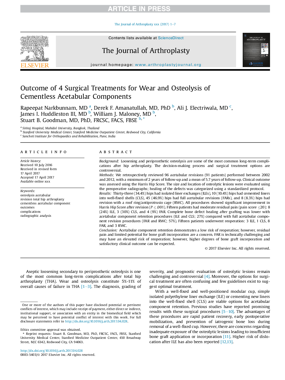 Outcome of 4 Surgical Treatments for Wear and Osteolysis of Cementless Acetabular Components