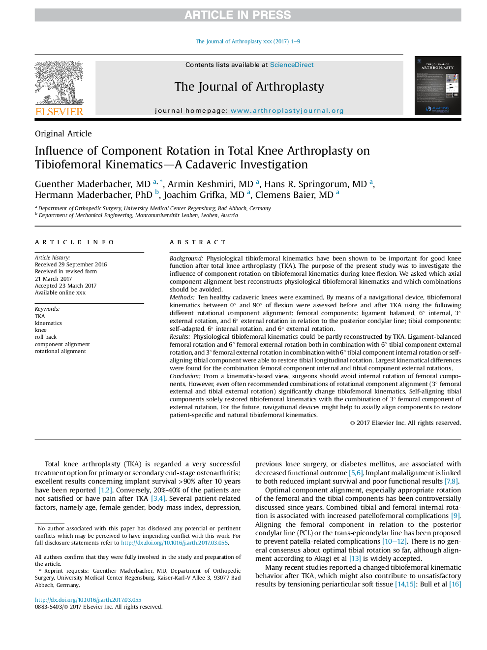 Influence of Component Rotation in Total Knee Arthroplasty on Tibiofemoral Kinematics-A Cadaveric Investigation