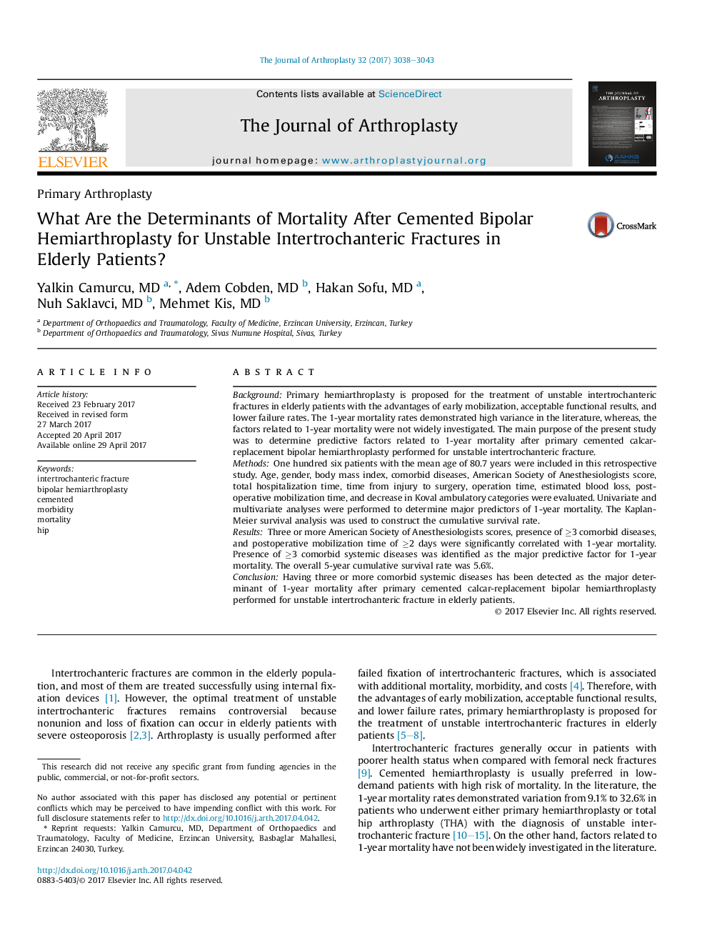 What Are the Determinants of Mortality After Cemented Bipolar Hemiarthroplasty for Unstable Intertrochanteric Fractures in Elderly Patients?