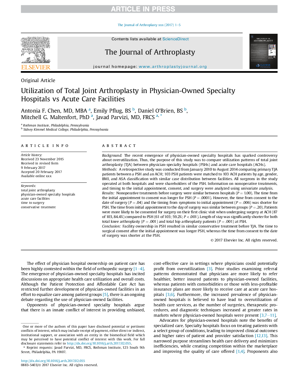 Utilization of Total Joint Arthroplasty in Physician-Owned Specialty Hospitals vs Acute Care Facilities