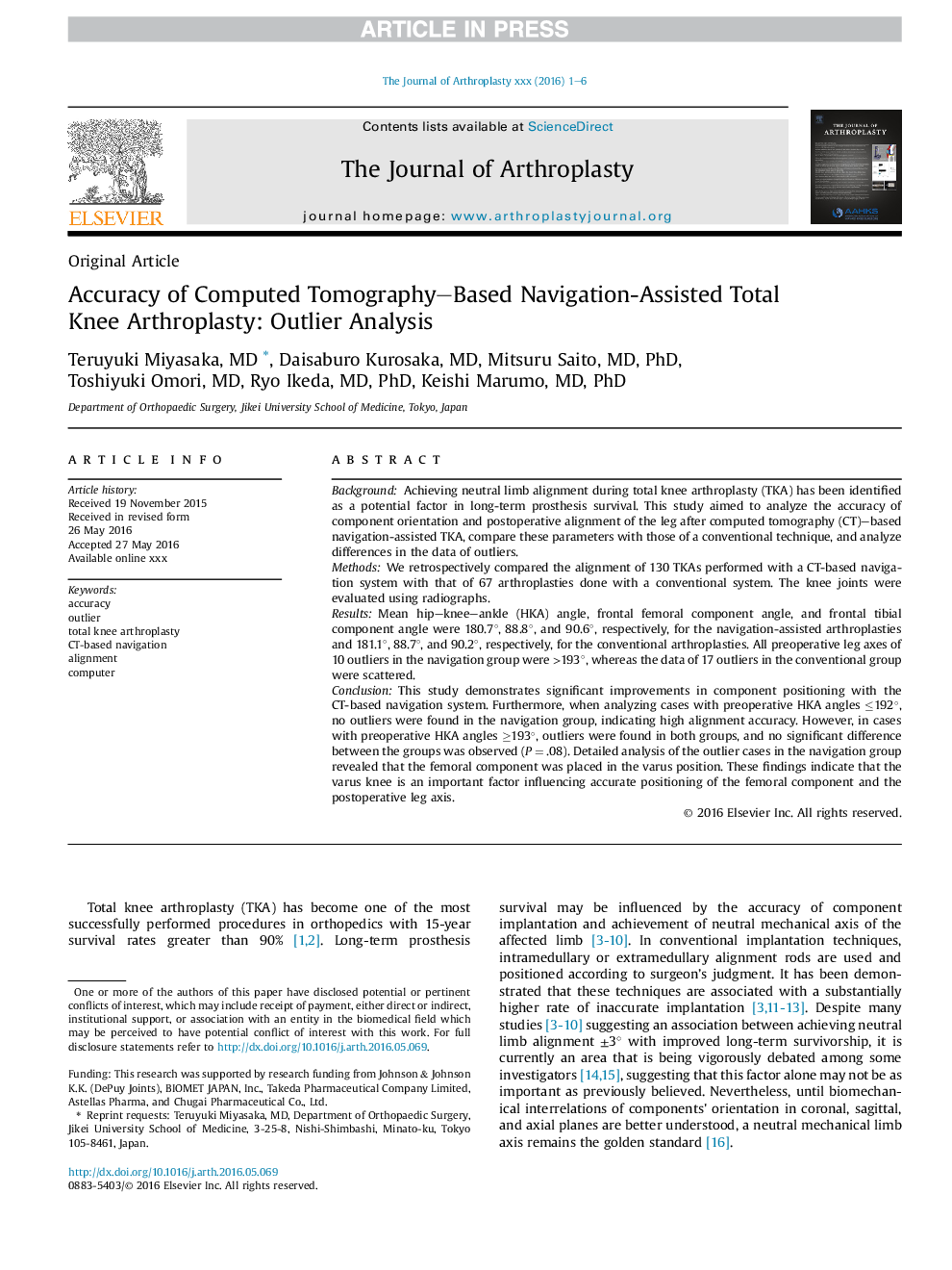 Accuracy of Computed Tomography-Based Navigation-Assisted Total Knee Arthroplasty: Outlier Analysis