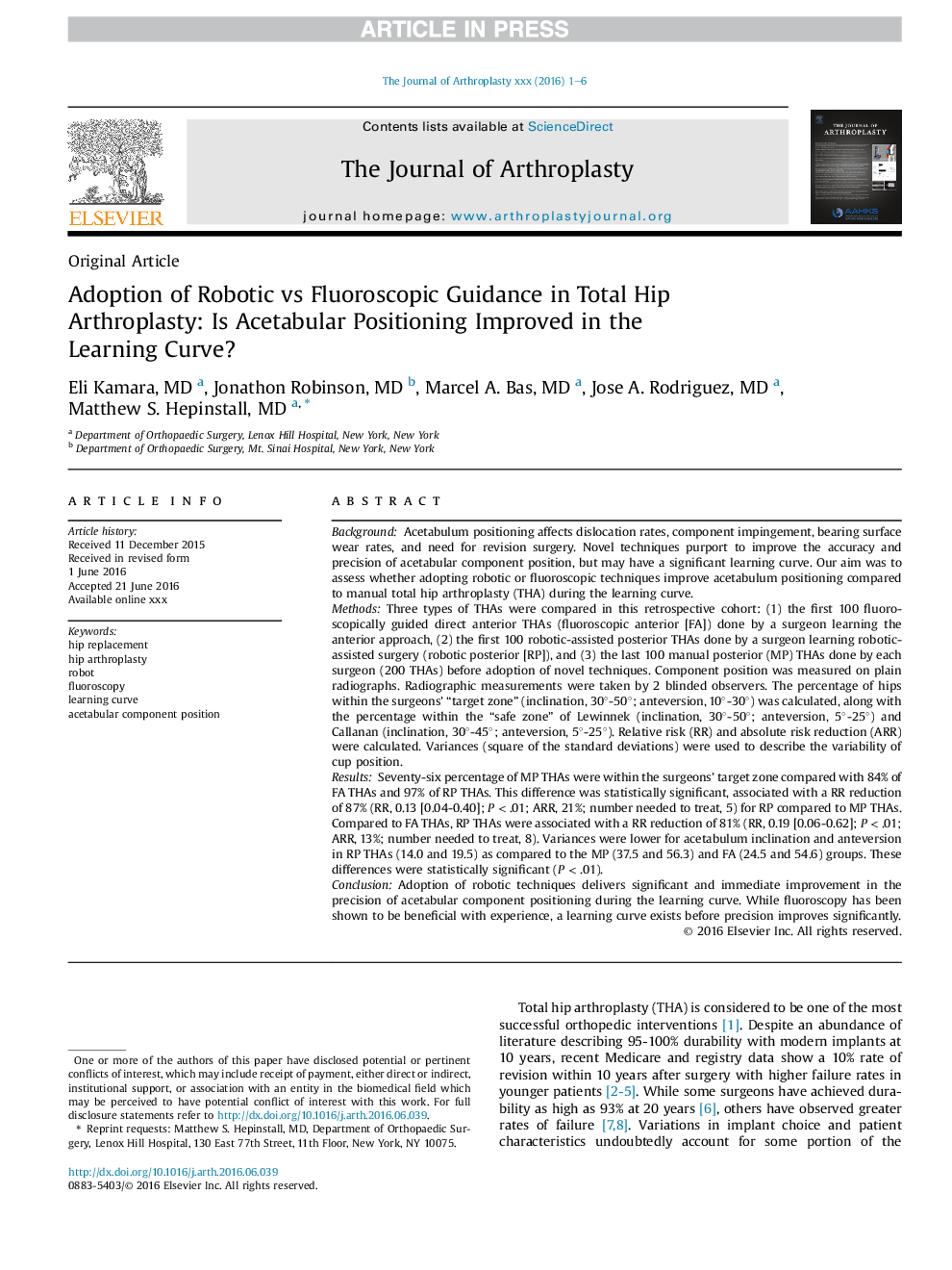 Adoption of Robotic vs Fluoroscopic Guidance in Total Hip Arthroplasty: Is Acetabular Positioning Improved in the Learning Curve?