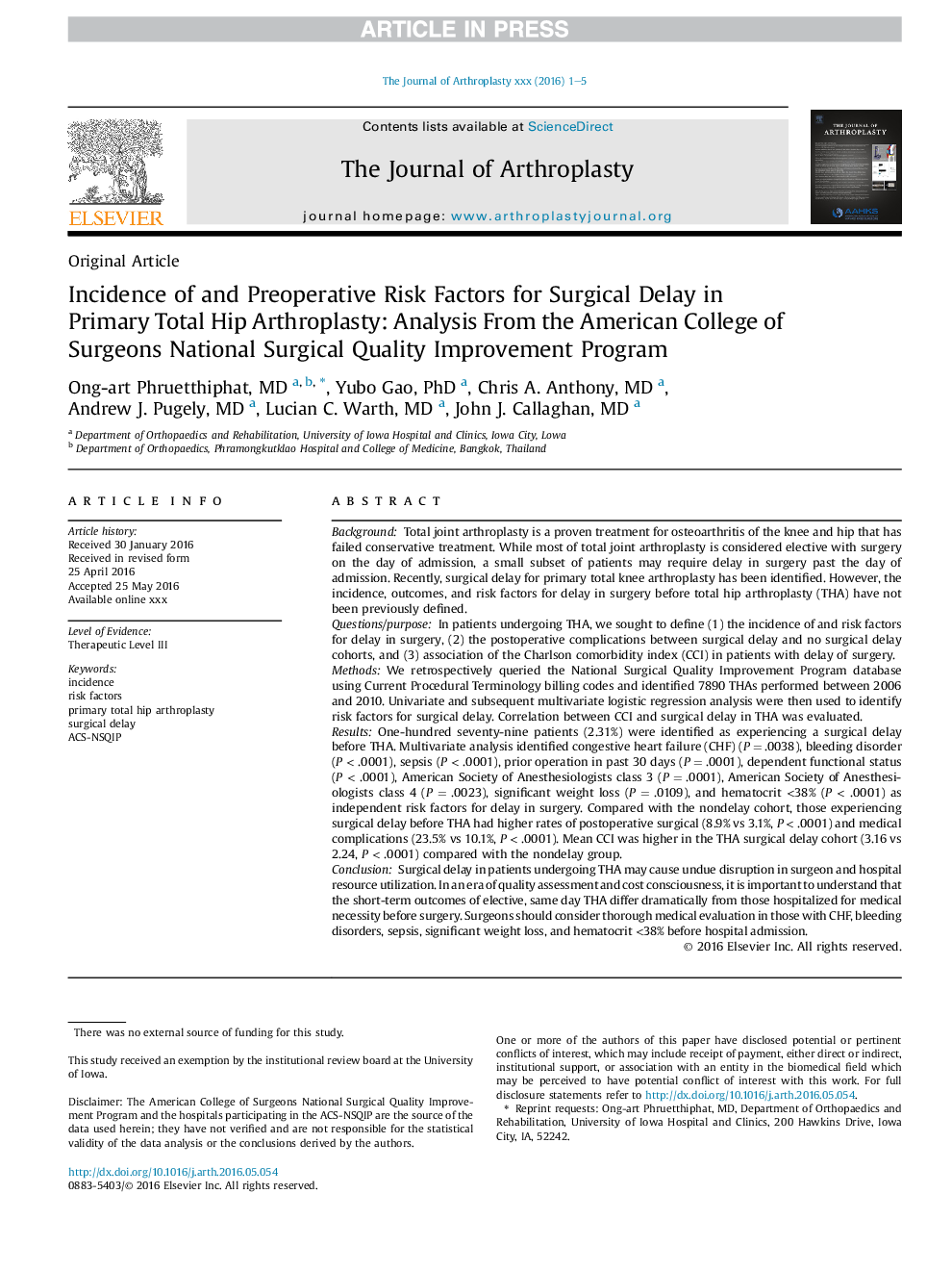 Incidence of and Preoperative Risk Factors for Surgical Delay in Primary Total Hip Arthroplasty: Analysis From the American College of Surgeons National Surgical Quality Improvement Program