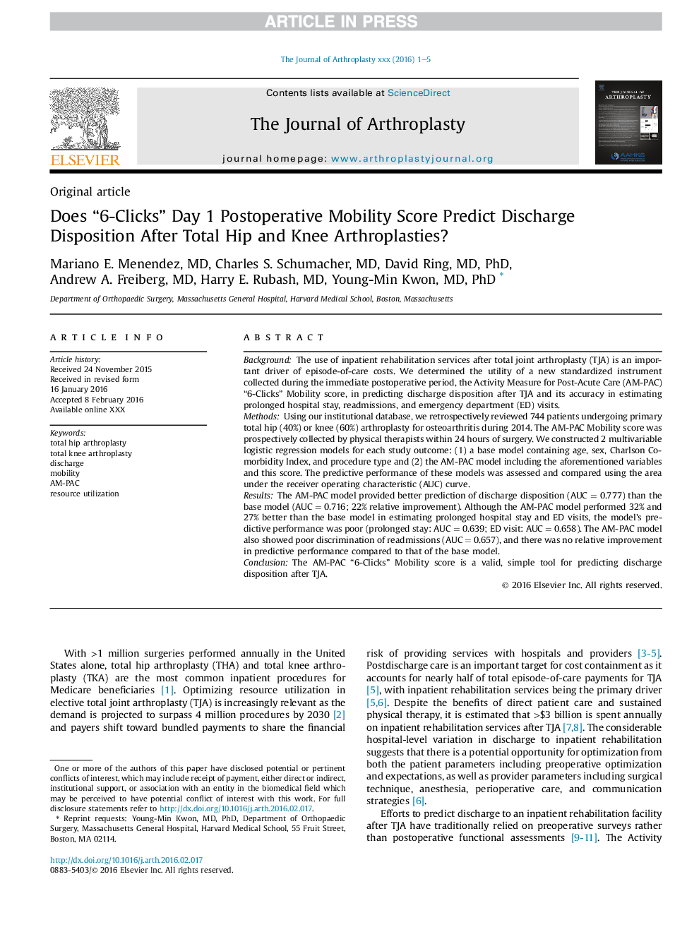 عکس صفحه اول مقاله: Does “6-Clicks” Day 1 Postoperative Mobility Score Predict Discharge Disposition After Total Hip and Knee Arthroplasties? Does “6-Clicks” Day 1 Postoperative Mobility Score Predict Discharge Disposition After Total Hip and Knee Arthroplasties?