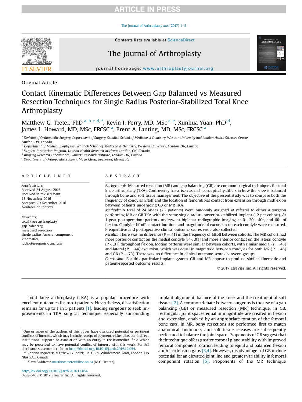 Contact Kinematic Differences Between Gap Balanced vs Measured Resection Techniques for Single Radius Posterior-Stabilized Total Knee Arthroplasty